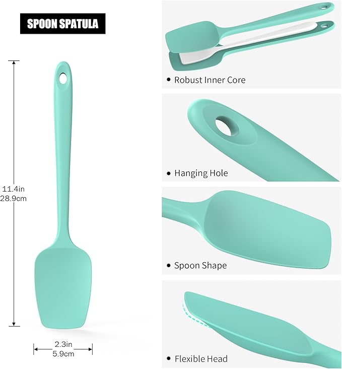 Heat Resistant Silicone Spoon Spatula, Doosu 600째F High Temp Flexible Cooking Spoons Kitchen Rubber Spoonula Scratch-Proof for Mixing Stirring Scraping Serving Non-Stick Cookware (11.4in, Aqua Sky)