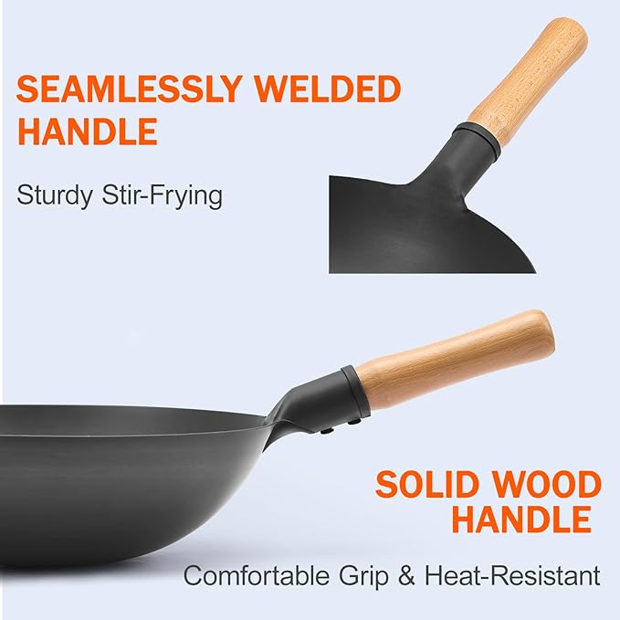 WANGYUANJI Iron Wok,13.38 inchTraditional Round-Bottom Wok, Chef?셲 Professional Stir-Fry Pan with Wooden Handle, Chemical-Free Wok for Gas Stoves and Round-Bottom Induction Stovetop(No lid included)