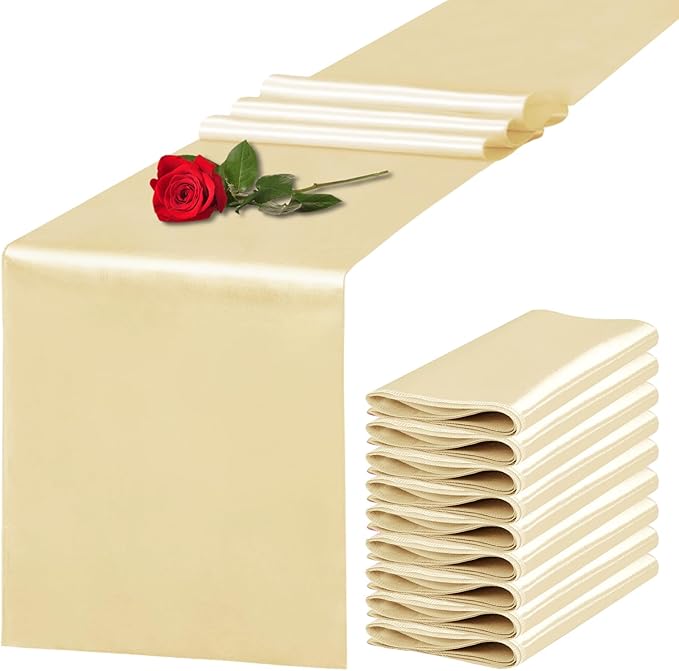 Yblut 10 Pack Satin Table Runner 12 x 108 Inch Long Champagne Silk Table Runner for Wedding Party Banquet Birthday Decoration