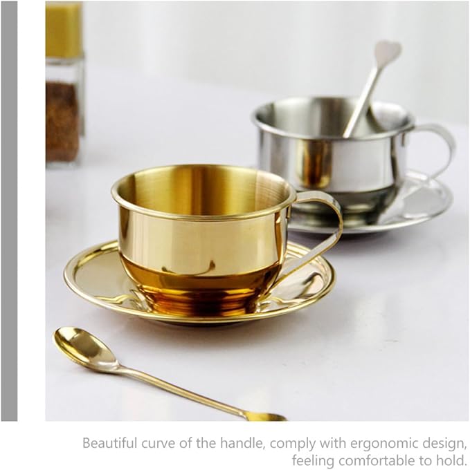 Stainless Steel Coffee Cup and Saucer Set Small Retro Metal Espresso Tea Cup with Spoon Silver Household Tea Set and Coffee Party