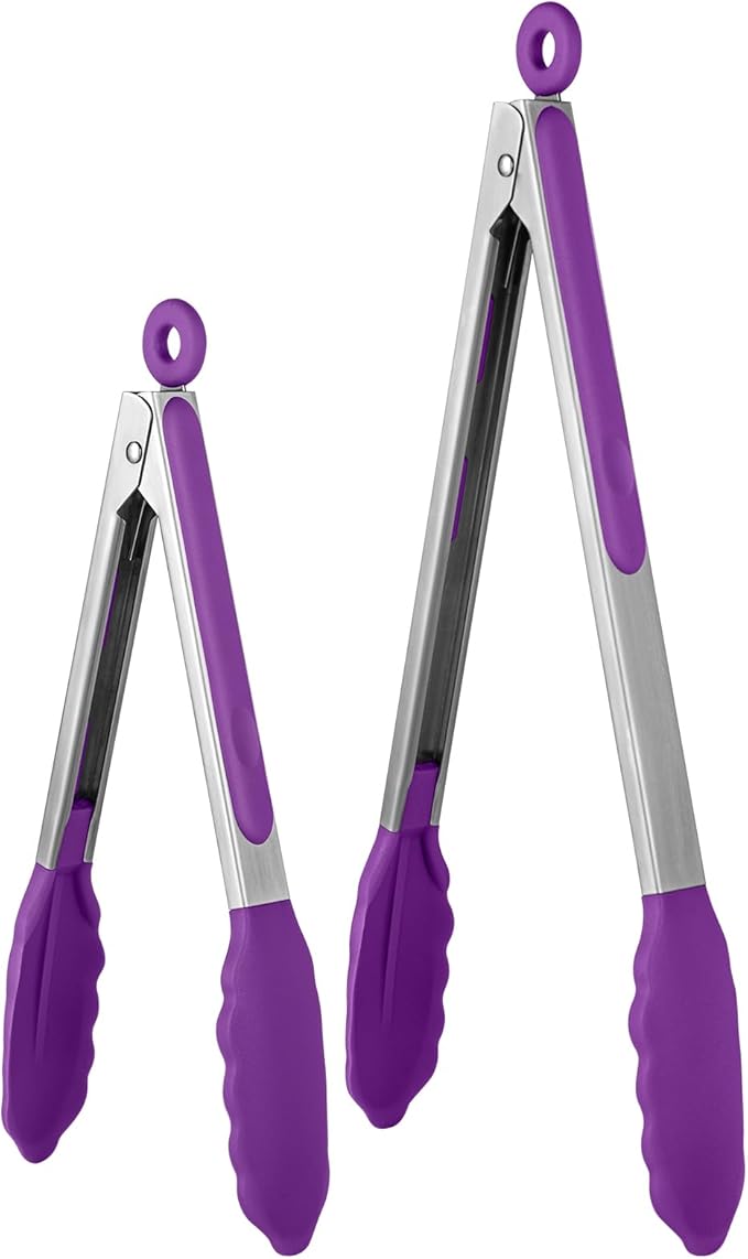 600쨘F Heat Resistant Kitchen Tongs: U-Taste 9+12 inch Silicone Cooking Tong Set with Firm Sealed Non Stick Rubber Tips and Silicon Coated 18/8 Stainless Steel Handle for Serving Grilling Salad(Purple)