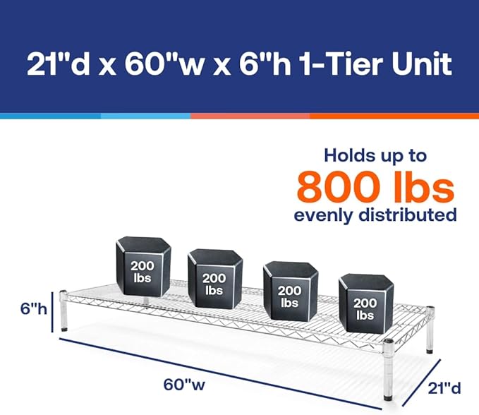 Shelving Inc. 21" d x 60" w x 6" h Chrome Wire Sheving with 1 Tier Shelf, Weight Capacity 800lbs Per Shelf