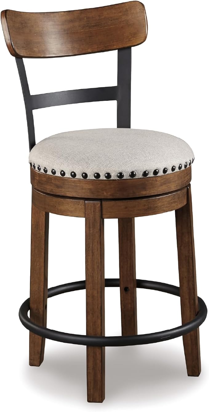 Signature Design by Ashley Valebeck Rustic Farmhouse Swivel Bar Stool ??24.5??Counter Height, 360째 Swivel Metal & Wood Frame, Polyester Upholstery ??Brown