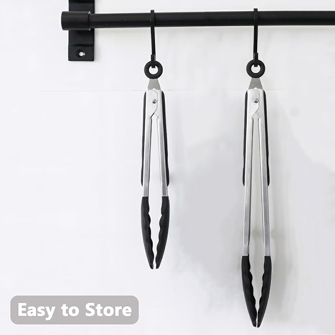 Kitchen Tongs for Cooking with Non-Stick Silicone Tips, 600째F Heat Resistant Silicone Cooking Food Tong Set Heavy Duty Stainless Steel Handle for Baking Grilling BBQ Salad Serving, 9" and 12"