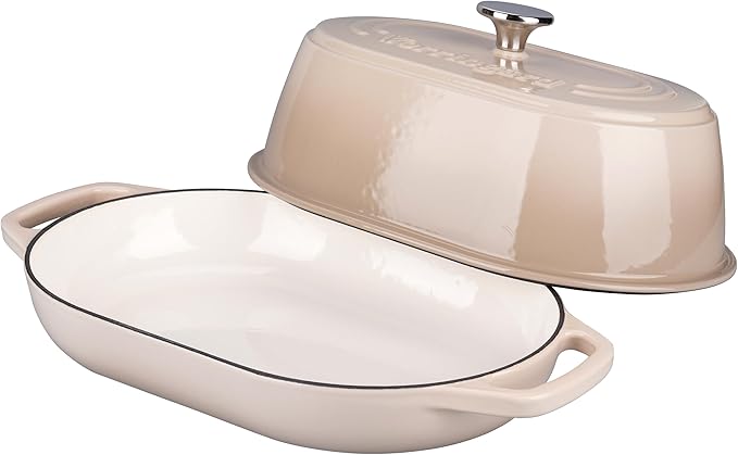 Enameled Cast Iron Dutch Oven Pot with Dome Lid, Oval Bread Oven for Homemade Sourdough Bread Baking, Oven Safe up to 500째F, 6 Quart, Latte