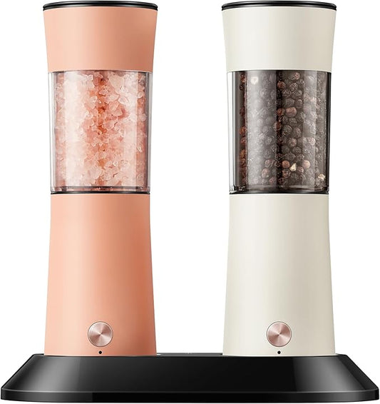 Gravity Electric Salt and Pepper Grinder Set with USB-C Charging Base,Rechargeable Automatic Stainless Steel Pepper Mill Grinder with LED Light, 2pack+Peach Orange (Peach Orange +Cream)