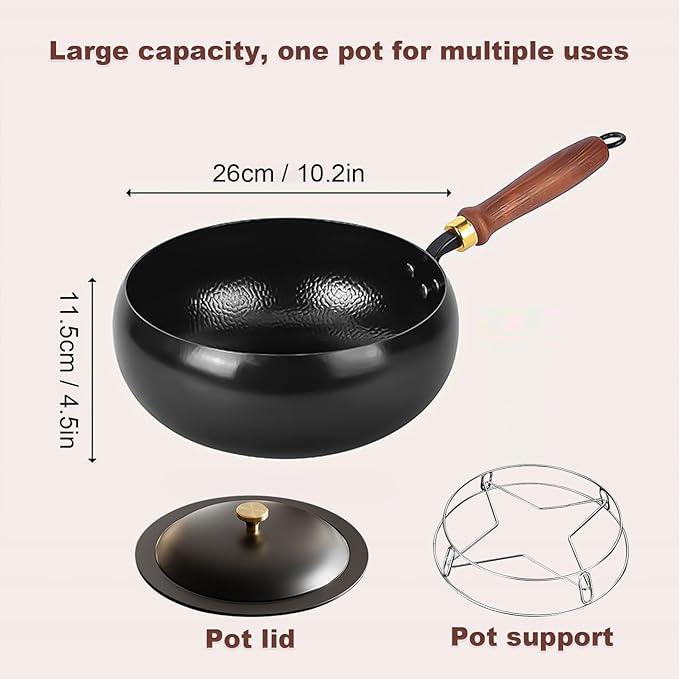 Japanese Frying Pan, Woks & Stir-Fry Pans with Stainless Steel Pot Support, Nonstick Wok, No Chemical Coated Flat Bottom Hand Hammered Chinese Wok For Gas (Iron lid, 26)