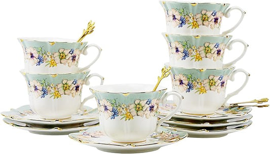 TATSUMI Country Roses 18 Peices Bone China Tea Cup And Saucer Set, English Vintage Tea Cups Of 6 For Women And Tea Party Sets(Dutch Blue, 6 sets)