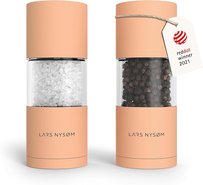 LARS NYS횠M Salt and Pepper Grinder Set, Manual Salt and Pepper Mills with Adjustable Ceramic Grinder, Design Spice Shaker Set (Creamy Peach)