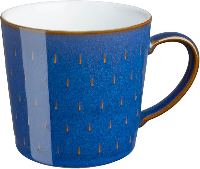 Denby - Imperial Blue Large Coffee Mug Set of 4 - Cascade Patterned 13.5 Ounce Stoneware Tea Mug Set For Office & Home - Dishwasher Safe, Microwave Safe - Ceramic Tea Cups With Blue Pattern Glaze