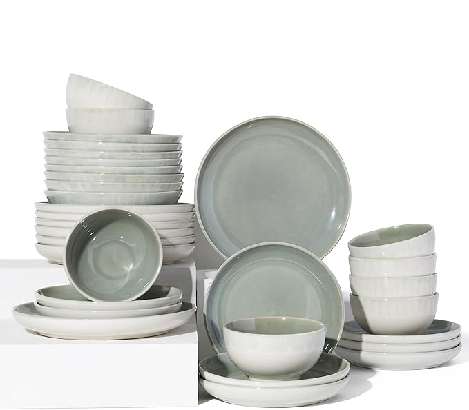 Pokini 32 Piece Double Bowl Dinnerware Sets with Pasta Bowls, Highly Chip and Crack Resistant Plates and Bowls Sets, Natural Earthyware Ceramic Dishware Sets, Service for 8 Gradient Green
