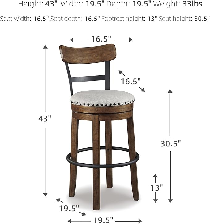 Signature Design by Ashley Valebeck | 30??Farmhouse Pub-Height Swivel Barstool With Back ??Upholstered Cushion, Nailhead Trim, Metal & Wood Frame, Brown