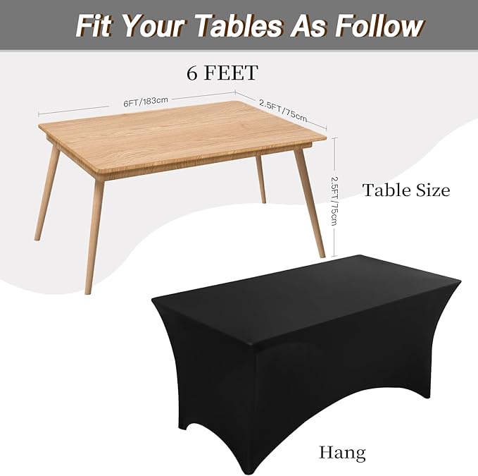 Fixwal 6 Pack Table Cover, 6FT Spandex Table Cloth Fitted Rectangular Tablecloth Resistant Stretch Rectangular Patio Table Cover for Event, Wedding, Banquet, Party (Black, 72L x 30W x 30H Inch)