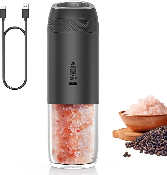 Gravity Electric Salt and Pepper Grinder Set, Automatic Salt and Pepper Mill Sets with LED Light, Type C Charging, Adjustable Coarseness, Large Capacity(1 Pack/Black)
