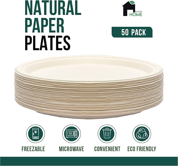 EconoHome 12 Inch Compostable Paper Plates [50-Pack] - Eco-Conscious Disposable Tray Made of Bagasse or Sugarcane Fiber - Microwave, Refrigerator-Safe - Heavy Duty Paper Plates for Dinner