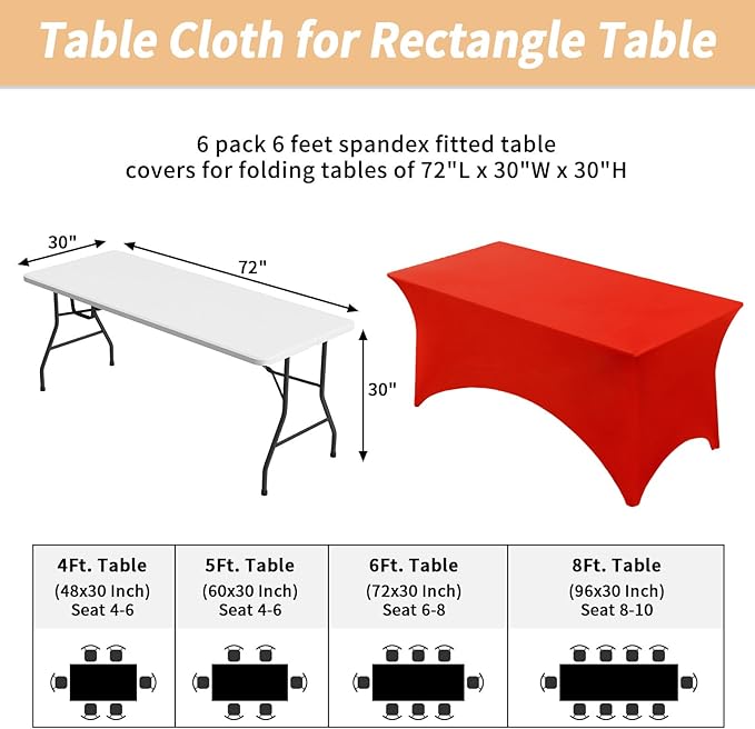 Fixwal 6FT Red Valentine's Day Table Cloth Rectangle Tables, 6 Pack Spandex Table Cloths for 6 Foot Rectangle Tables, Fitted Rectangular Stretch, Washable Patio Table Cover (72Lx30Wx30H Inch)