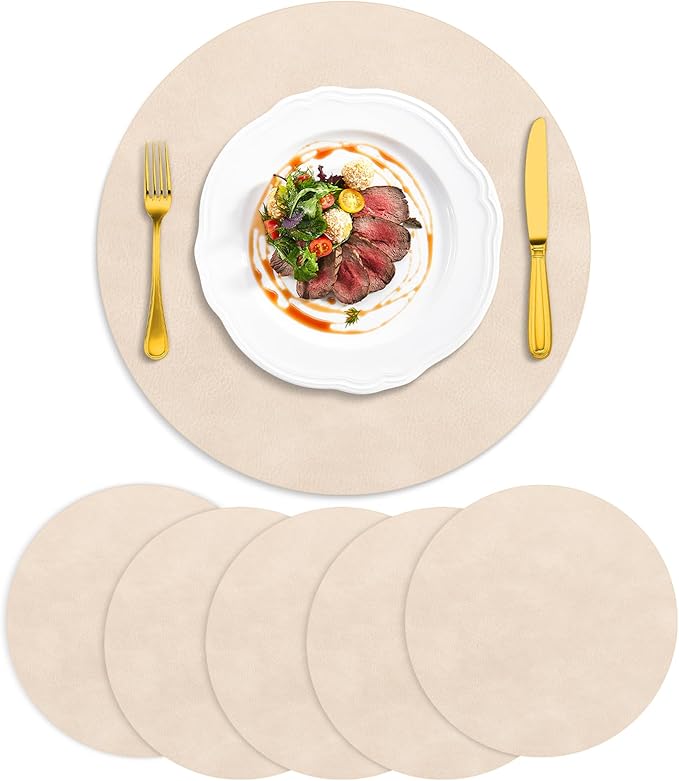 ADRIMER Placemats, Heat Resistant Round Placemats Set of 6 Washable, Waterproof Table Mats, Wipeable Faux Leather Place Mats for Kitchen, Dining Room, Beige