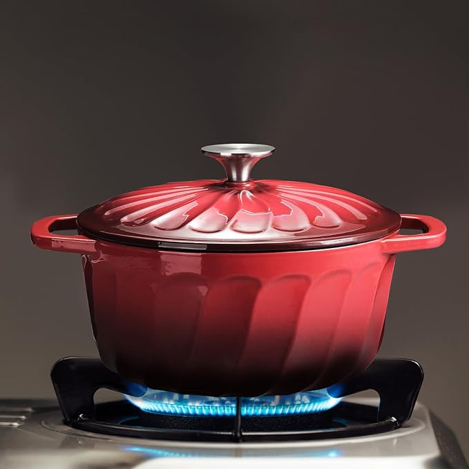 Enameled Cast Iron Dutch Oven Pot with Lid, 3 QT Dutch Oven for Bread Baking, Heavy Duty Cast Iron Pot for Braising, Cook, Bake, Oven Safe across All Cooktops (Gradient Red,3 QT)