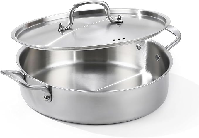 Deep Frying Pan with Lid, 6 Quart Tri-Ply Stainless Steel Saute Pan, 12inch Saute Pan with Lid, Rondeau Pot Compatible with All Cooktops Up to 600℉