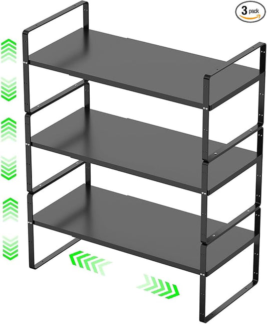 ?랤xpandable Kitchen Cabinet Storage Shelf, Stackable Metal Pantry Storage Shelves Organizer, Adjustable Height Counter Spice Rack for Kitchen Cabinet (Black - 16.5"-27" L x 10.2" W x 9.6" H - 3Pack)
