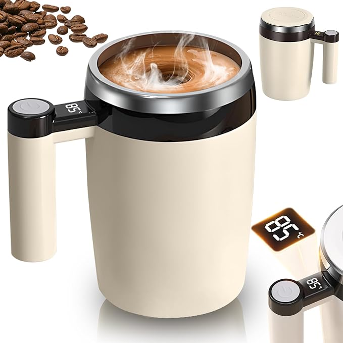 Electric Magnetic Stirring Coffee Mug, 2026 New Automatic Stirring Coffee Cup with Temperature Display, 12.85oz Self-Stirring Mug with Lid Suitable for Coffee, Milk, and Other Beverages (Brown)