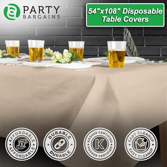 PARTY BARGAINS Disposable Table Covers, 54 x 108 Inch, Ivory, 3-Ply Paper & Plastic Spill-Resistant Party Tablecloths, 5 Pack
