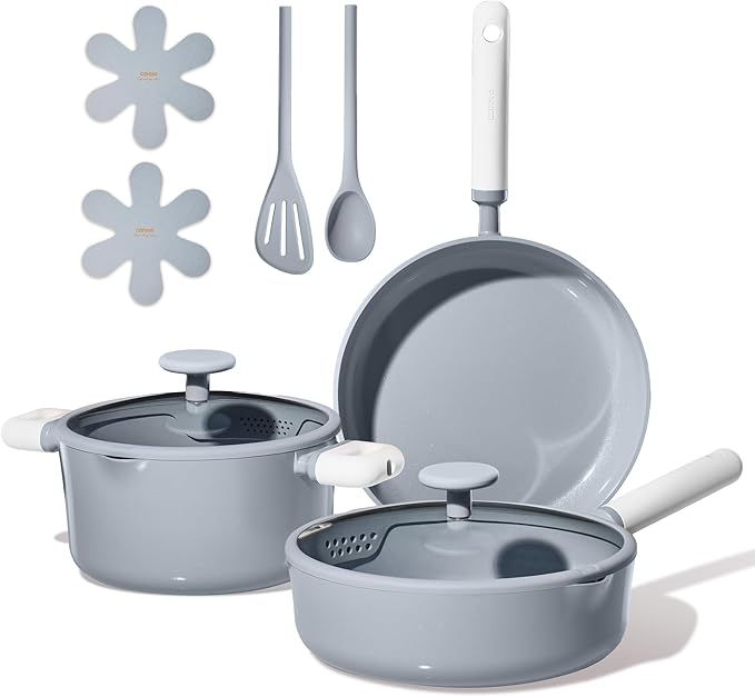 CAROTE Pots and Pans Set Nonstick, Ceramic Cookware Set, Blue Cooking Set Kitchen Induction Set with Steamer, PFAS PTFE Free,9 Piece