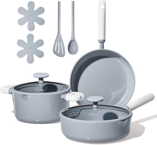 CAROTE Pots and Pans Set Nonstick, Ceramic Cookware Set, Blue Cooking Set Kitchen Induction Set with Steamer, PFAS PTFE Free,9 Piece