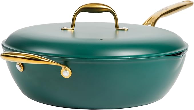Frok 13" Frying Pan Wok Skillet 4MM Thick Quick Heat Aluminum Cookware w/Aluminum Lid Premium PFA Free Ceramic Nonstick Interior & Heat Resistant Exterior - Induction - Green & Gold