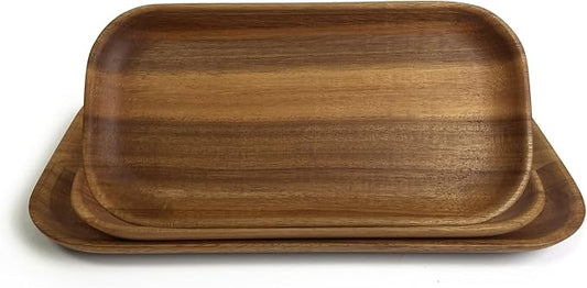 Acacia Wooden Plates Set of 3, 8/8/10 Inch Rectangular Serving Platters for Charcuterie, Appetizers, Acacia Wood Plates, Stackable Dinnerware Trays for Kitchen, Party & Entertaining (Rectangular Tray)