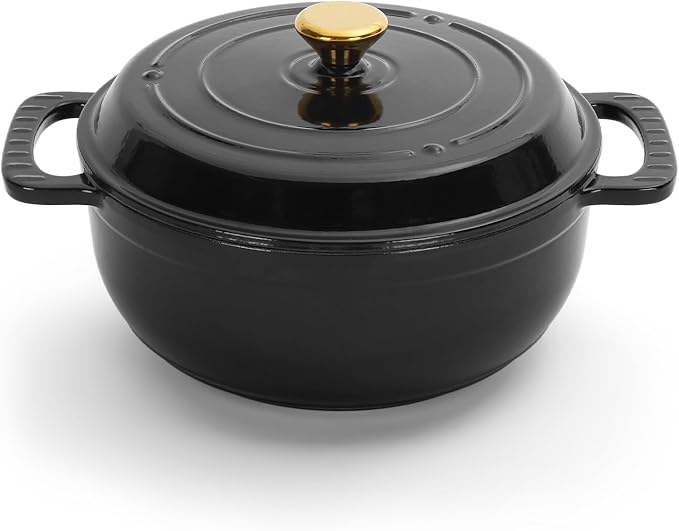 Cast Iron Dutch Oven, 5 Quart, Black, Enameled, Round, Oven Safe, Includes Silicone Mitts