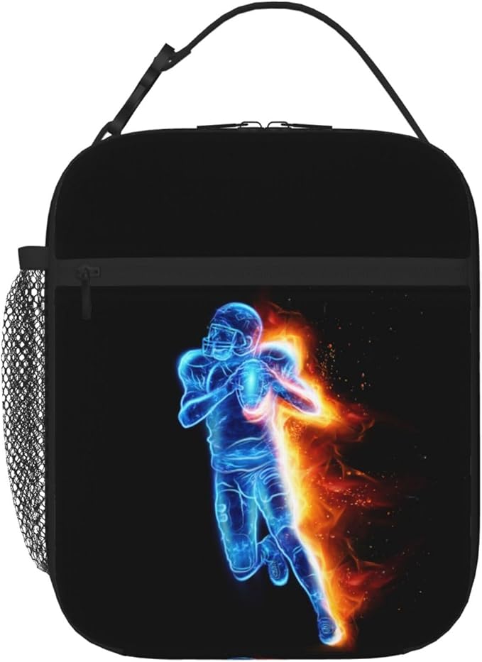 Football-themed Lunch Box Bag for Kids Teens Boys/Men, Sports LunchBoxes with Printing a Playing Blue Football Player Pattern, Reusable Tote Bag for Work School, Gifts for Birthday Christmas