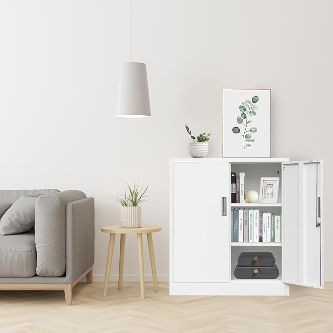 CJF Metal Storage Cabinets with Shelves and Doors, Steel Locking Cabinet for Home Office, Garage, Utility Room and Basement, 36.2" H x 31.5" W x 15.7" D (White)