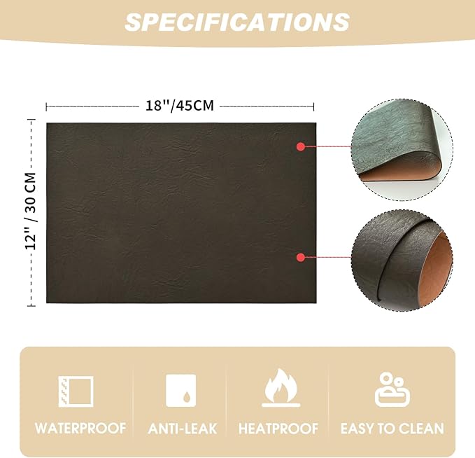 Artoid Mode Coffee Faux Leather Placemats Set of 6, 12x18 Inch Waterproof Wipeable Heat Resistant Place Mats, Reversible Table Mats for Kitchen Dining Decor