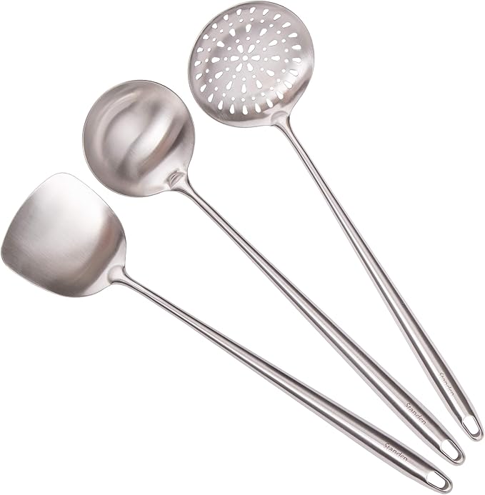 17??Wok Spatula and Ladle, Skimmer Spoon - 304 Stainless Steel Wok Tools Set, 3-Pieces Extra Long Handle Cooking Tools, All Metal Wok Utensils and Wok Accessories for Cast Iron/Carbon Steel Wok