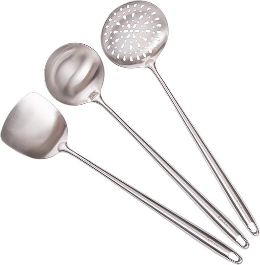 17??Wok Spatula and Ladle, Skimmer Spoon - 304 Stainless Steel Wok Tools Set, 3-Pieces Extra Long Handle Cooking Tools, All Metal Wok Utensils and Wok Accessories for Cast Iron/Carbon Steel Wok