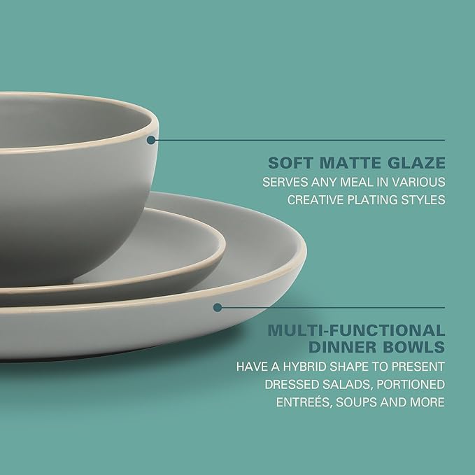 Gibson Home Rockaway 12-Piece Stoneware Dinnerware Set, Matte Finish, Service for 4, Modern Ceramic Plates and Bowls, Microwave & Dishwasher Safe ??Soft Gray - Service for 4
