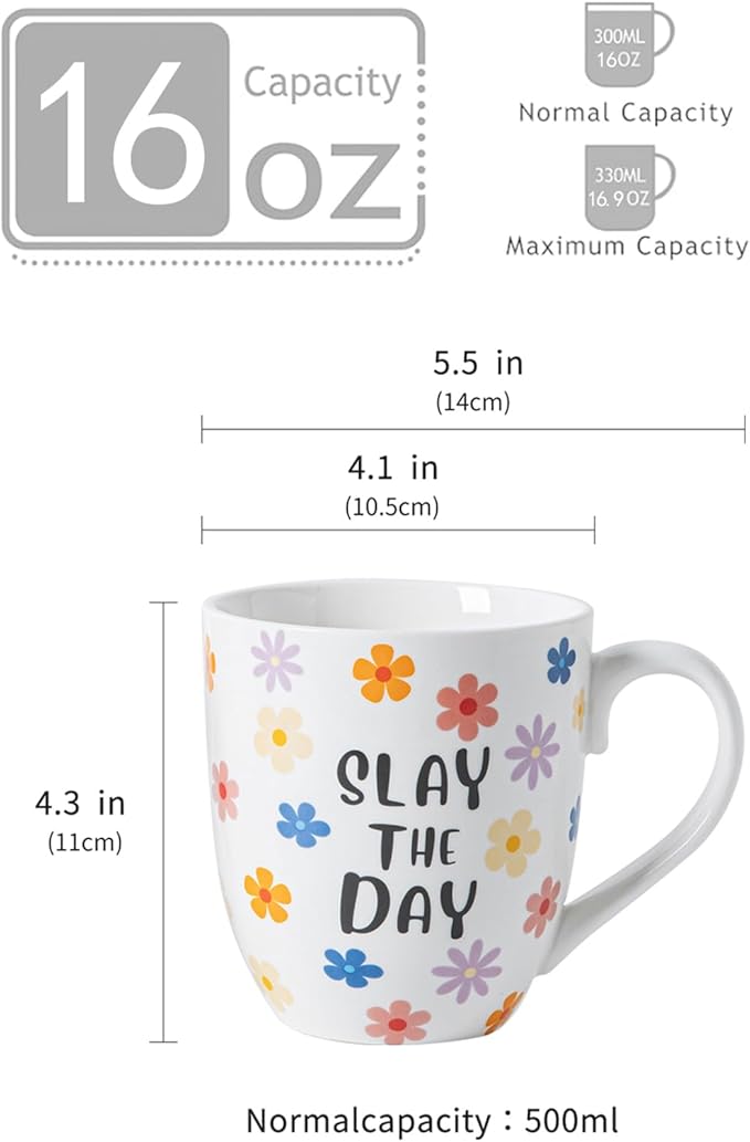 16OZ Ceramic Slay the Day Coffee Mugs Set, Large Colorful Coffee Cups with Handles for Milk, Tea, Latte, Mocha, Cocoa, Cappuccino, Porcelain Cups Gift for Holiday or Anniversary (4PCS)