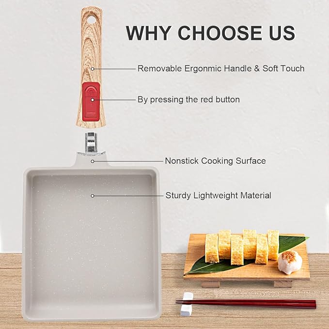 Nonstick Tamagoyaki Pan Large, Japanese Omelette Square Egg Pan Nonstick, Detachable Handle, PFAS & PFOA-Free, Oven Safe, 9" x 8.2"