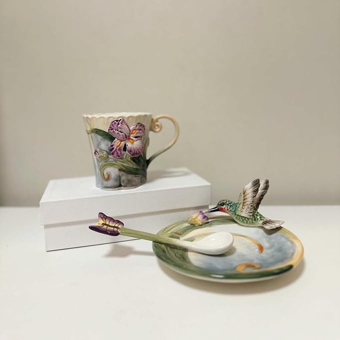Ceramic Tea Cup and Saucer Set 竊?OZ 3D Hand-painted Hummingbird and Flower Coffee Mug竊똆ift for Women