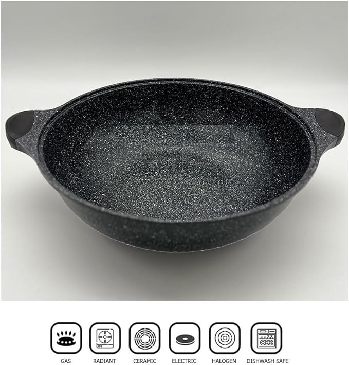 Non stick Marble Coated Two Handle Wok Pan with Lid 36cm, Black, HKA-147