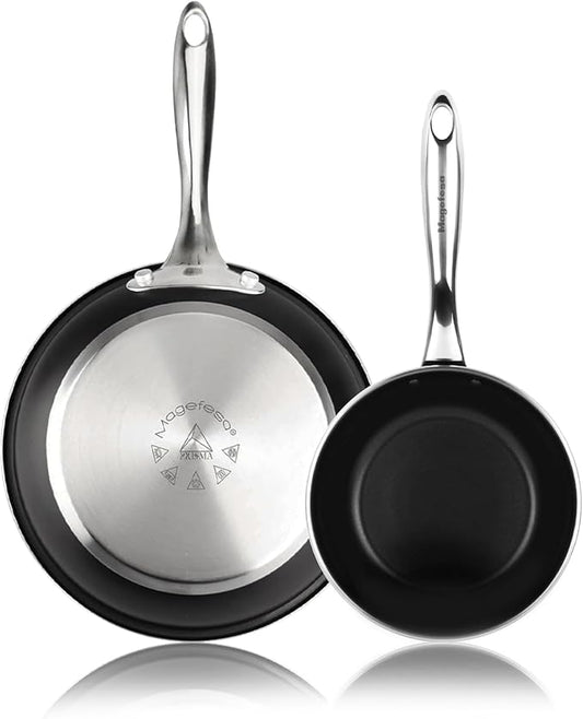 Magefesa Prisma Frying Pan Set, 7.9" & 11", 18/10 Stainless Steel, Triple-Layer Nonstick, Works on All Stovetops Including Induction, Oven Safe to 392째F, Dishwasher Safe, Durable Cooking Skillets
