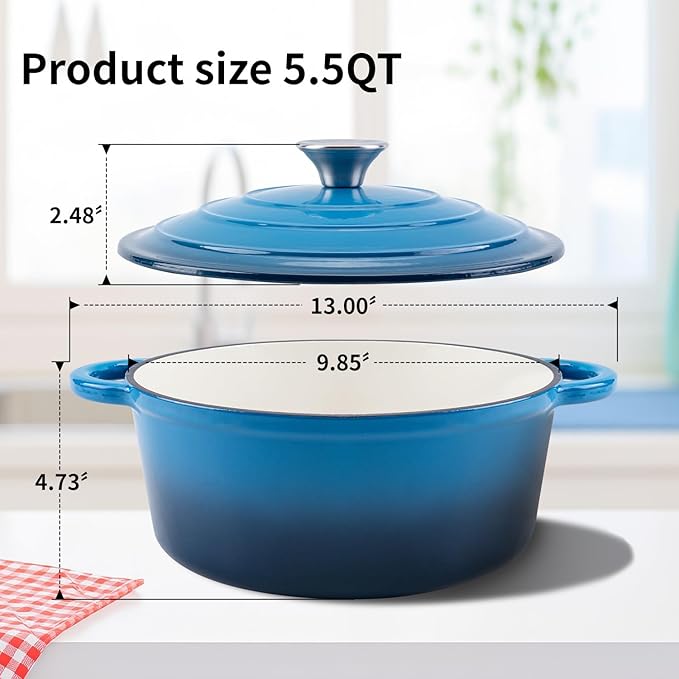 Enameled Cast Iron Dutch Oven Pot with Lid Heavy-Duty Cookware for Bread Baking,Braising,Stews,Roasting,Oven Safe up to 500째F,5.5QT,blue