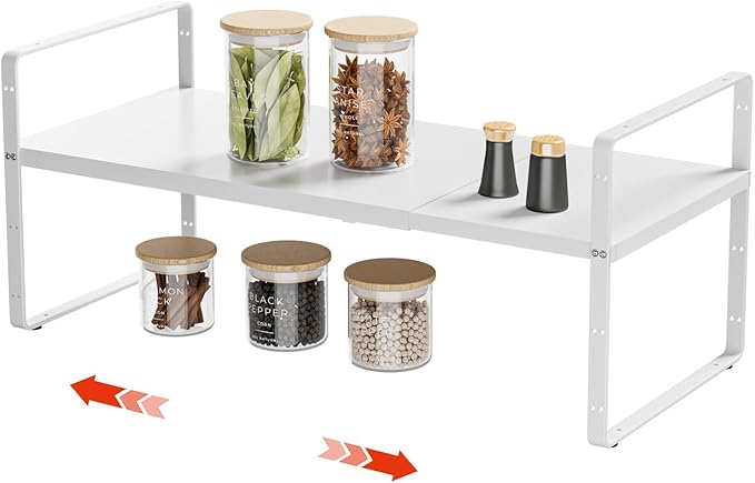 16.5-27?쇺셂 Expandable Stackable Cabinet Shelves, Adjustable Spice Rack Cabinet Shelf Organizer for Kitchen, Countertop, Pantry and Cupboard, White