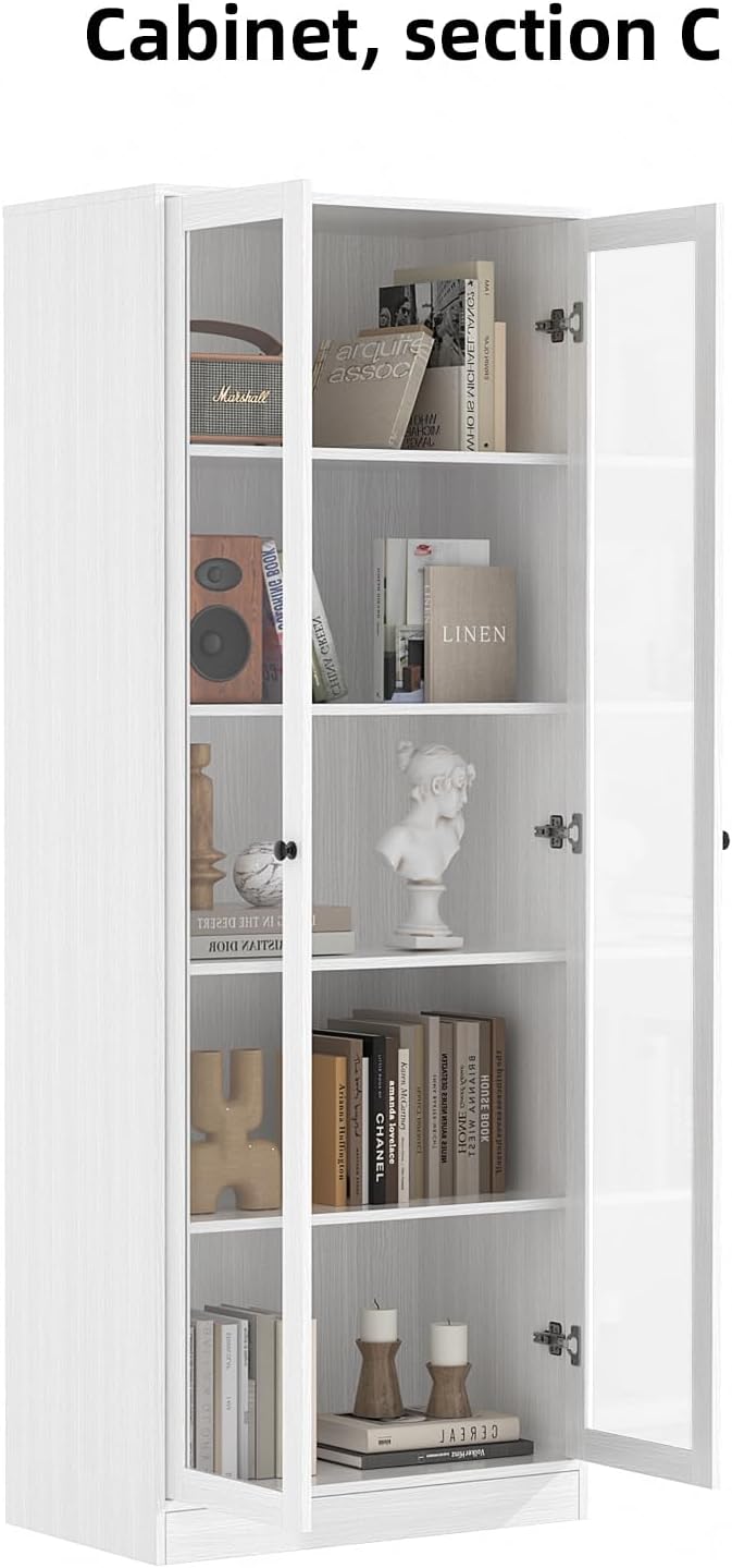 VOWNER 4PCS Bookshelf and Bookcase, 5-Tier Modern Bookshelves with 3 Large Drawer, Glass Display Cabinet with Lager Storage Shelf, Combination Storage Shelves for Home Office, White (AACC)