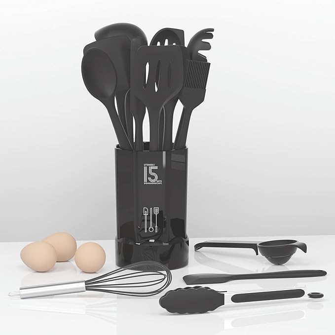 AOTHOD Silicone Cooking Utensils Set - 446째F Heat Resistant Kitchen Utensils,Spatula Sets,Turner Tongs,Spoon,Kitchen Utensil Gadgets Tools Set for Nonstick Cookware,Dishwasher Safe BPA Free (Gray)