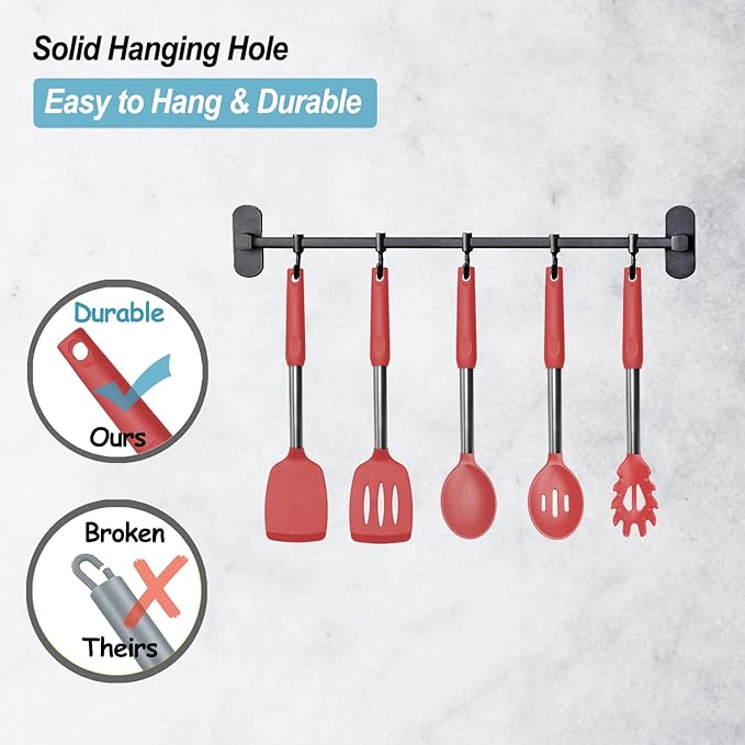 Silicone Spatula and Cooking Spoon,5 Pack Non-Stick Cooking Utensils for Kitchen竊똇eat Resistant Solid & Slotted Spoons and Spatulas, Stainless Steel Handle Coated with Silicone,Red