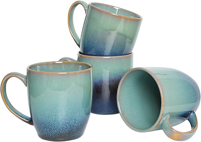 Bosmarlin Ceramic Coffee Mug Set of 4, 17 Oz, Coffee Cups with Big Handle, Microwave Safe, Unique Reactive Glaze(17 Oz, Pale Green)