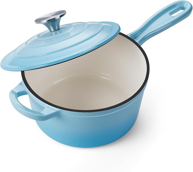 Onader 2 Quart Enameled Cast Iron Saucepan, Small Cast Iron Sauce Pan Pot for Cooking, Enamel Dutch Oven Kitchen Pot ??Lake Blue