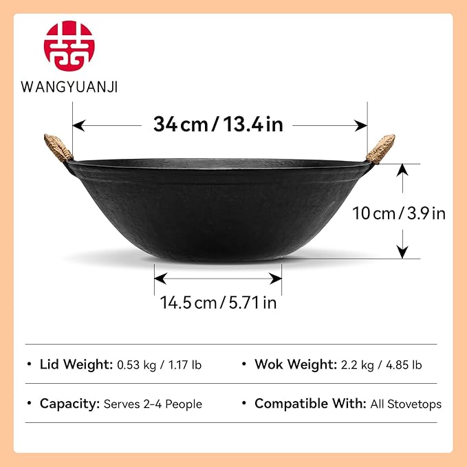 WANGYUANJI 13.4" Flat-Bottom Cast Iron Wok Pan with Lid, Dual Handles, Traditional Handcrafted Chinese Wok, Coating-Free, Not Pre-Seasoned, Works with Induction/Gas/Ceramic